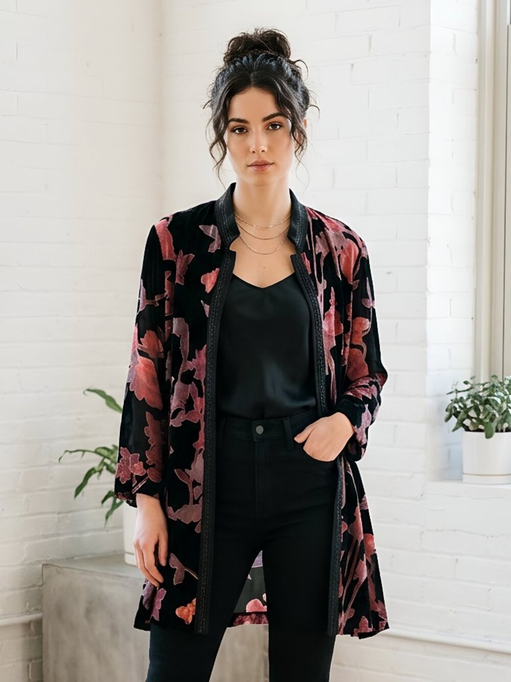 Ming Wang Heritage Fit Sheer Black Velvet Floral Burnout Duster Jacket Size XL